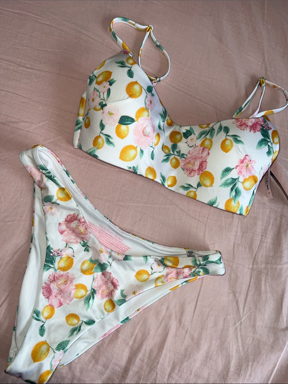 Victoria Secret Floral Lemon Print & Bikini Bottom Set - White/Pink